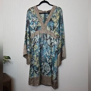LE CHATEAU Blue Floral Kimono Sleeve Silk Midi Dress Fairycore Whimsygoth Sz M